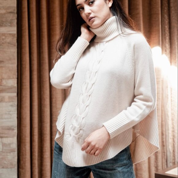 NWT Plush Cashmere Cream Turtleneck Oversized Tenn Cable Poncho Sweater Sz S - Picture 7 of 10